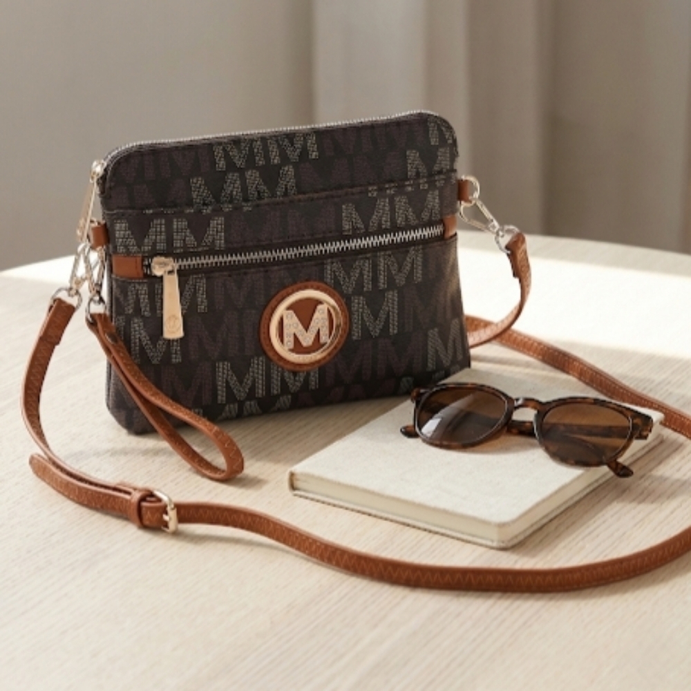 New MKF Collection Heidi Monogram Crossbody Bag Wristlet Brown Vegan Leather